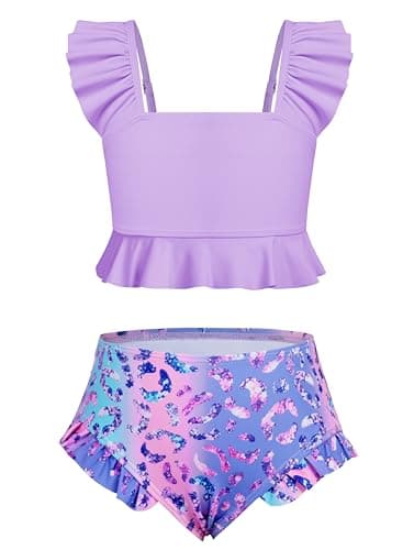 XiaoMoSha Girls Two Piece Swimsuits Ruffled Kids Bikini Sets Adjustable Straps Cute Bathing Suits for Toddler Beach Swimwear Size 3 4 3-4 Purple Leopard - Image 1