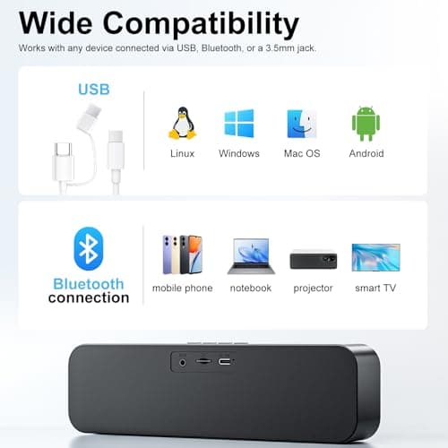 Computer Speakers for Desktop PC,Rechargeable Bluetooth Speaker,Small Computer Soundbar with Stereo & Bass,3.5mm Aux-in,TF Port,Loud Volume for Web Conferences,Teacher,Music (Black) - Thumbnail 4