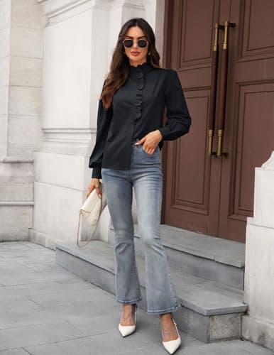 LOOKBOHO Women's Long Sleeve Shirts - Ruffle Lace Neck Button Down Tops Spring Dressy Elegant Solid Retro Blouse for Casual, Office, Work, Everyday Wear Black Large - Thumbnail 4