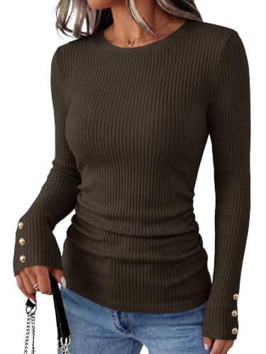 ANRABESS Womens Long Sleeve Shirts Slim Fitted Tops Coffee Large - Image 1
