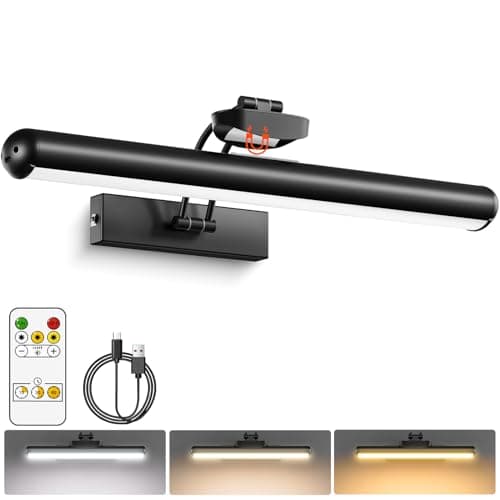 Picture Light for Wall with Remote, Wireless Battery Operated Wall Lights with 3 Colors Dimmable & Timer, 12.6" Rechargeable Metal Wall Sconce for Living Room, Artwork Gallery Display, Black 1Pack - Image 1