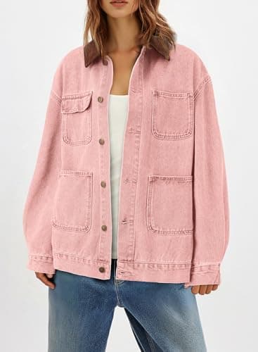 Dokotoo Plus Size Jean Jacket Women Trendy 2025 Outfits Color Block Denim Jacket With Contrasting Corduroy Collar Oversized Long Sleeve Button Down Barn Jackets Shacket Coat With Pockets PinkM - Thumbnail 6