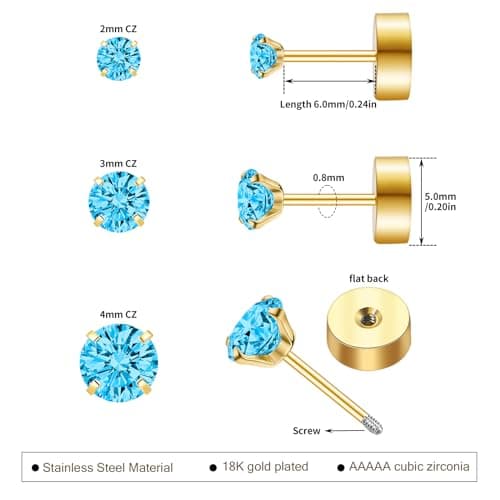 Handmade Tiny Flat Back Stud Earrings: 3 Pairs 14K Gold Plated Screw Flatback 2 3 4mm Cubic Zirconia Earrings Cartilage Piercing Jewelry for Women Helix Tragus Earlobe (3 Pairs-Aquamarine Blue CZ Stud-2/3/4mm) - Thumbnail 5