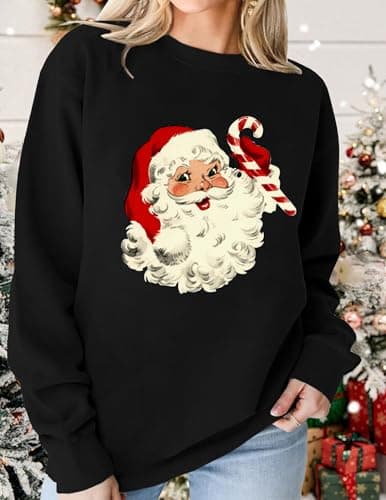 LETSEE Christmas Sweatshirts for Women 2025 Santa Claus Graphic Oversized Fleece Vacation Holiday Pullover Tops Xmas Gifts, A-Black, Medium - Thumbnail 3