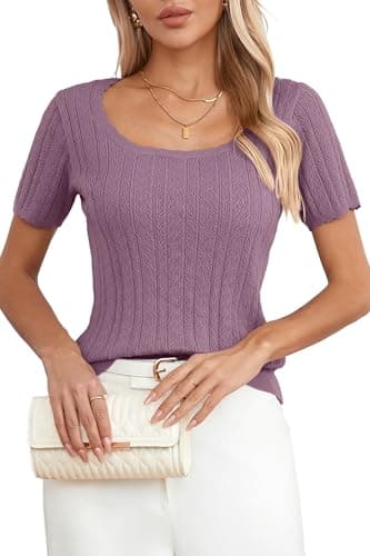 Arach&Cloz Women Trendy 2025 Spring Short Sleeve Square Neck Fashion T Shirts Knit Pullover Sweater Business Casual Dressy Summer Tops Grey Purple - Image 1