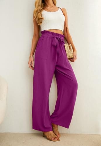 HiMONE Petite Wide Leg Pants for Women High Waisted Paperbag Waist Elastic Pull On Ankle Length Casual Dressy Trousers with Pockets - Thumbnail 2