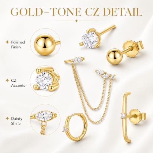 A Lots MiLi 5 Pcs Gold Earring Stack Set for Women - Cartilage Earrings with Flat Back Studs, Huggie Hoop and Dangle Chain Earrings, Stackable Helix Tragus Conch Piercing Jewelry - Thumbnail 5