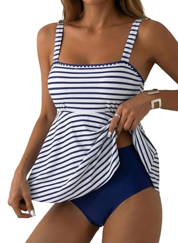 Aleumdr Women's Tankini Swimsut Tummy Control Bathing Suit Flowy Swim Tank Top with Bottom Modest 2 Piece Swimwear Blue Stripe Large - Image 1
