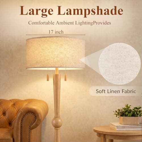 MOFFE 62.8" Solid Wood Floor Lamp,Tall Standing Floor Lamp with 2-Light Pull Chain, 17" Linen Drum Shade, Sculptural Wood Base & Stem,Transitional Floor Lamp for Living Room Bedroom, Includes 2 Bulbs - Thumbnail 6
