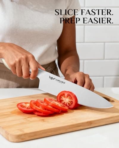 Haugo Kitchen Knife Set with Block: 14-Piece German Stainless Steel Full Tang Professional Knife - Comfortable Grip Reduces Hand Fatigue 30% - Dishwasher Safe & Sharpener - White Knife Set for Cooking - Thumbnail 6
