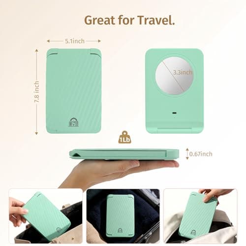 INFOOD Travel Makeup Mirror - Rechargeable LED Vanity Mirror 7.8x5 Inches with 1X/3X Magnifying, 3 Color Dimmable Light, Touch Screen, Foldable Design with Stand, Portable for Travel, Mint Green - Thumbnail 5