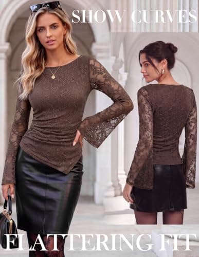 GRACE KARIN Womens Lace Top Sheer Bell Long Sleeve Ruched Asymmetrical Boho Western Clothes Fitted Mesh Peplum Tops Flowy, Coffee Rose, X-Large - Thumbnail 3