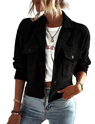 Kwoki Women's Corduroy Jackets Casual Button Down Cropped Shacket Fashion Trendy Crop Blazer Tops KF0097 Black 01 S - Image 1