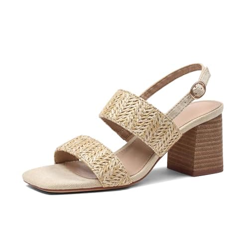 Ancomafio Women's Heeled Sandals Block Chunky Heels Square Open Toe Heels Ankle Strap Casual Sandals Summer Vacation Dress Shoes Apricot Size 8.5 - Image 1