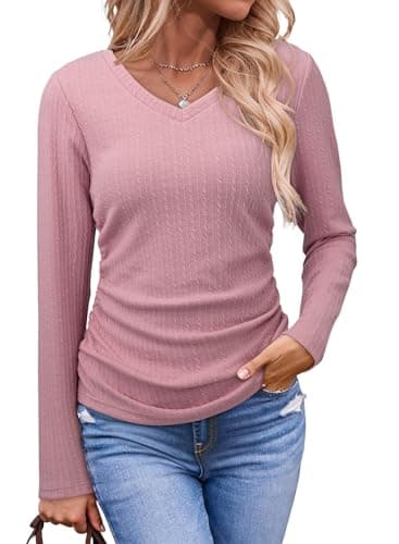 Dokotoo School Outfits for Teachers Tops for Women Comfy Spring Clothes 2026 Casual Loose V Neck Long Sleeve T Shirts Soft Knit Solid Business Pullover Tunics Shirts Side Ruched Fitted Blouses Pink L - Image 1