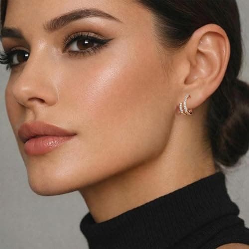 Huggie Earrings for Women, Small Double Hoop Earrings with Cubic Zirconia, Solid 925 Sterling Silver, Hypoallergenic, Jewelry Gift for Her - Thumbnail 4