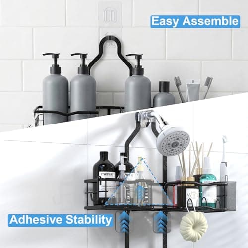 Depecal Shower Caddy Hanging Organizer, Rustproof Shower Organizer Hanging for Handheld Showerhead with Hooks for Razor/Sponge, Bathroom Caddy Rack Shower Shelves for Shampoo Soap Towels, Black - Thumbnail 5