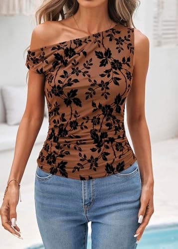 Lazysmile Womens Summer Floral Off Shoulder Tops Sleeveless Ruched Slim Fit Shirts Blouse Y2K Going Out Mesh Tank Tops Orange - Thumbnail 4