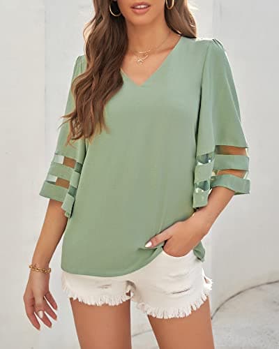 LookbookStore Women's V Neck Floral Print Mesh Panel Blouse 3/4 Bell Sleeve Loose Summer Top Shirt Cameo Green Size XXX-Large Size 24 Size 26 - Thumbnail 5