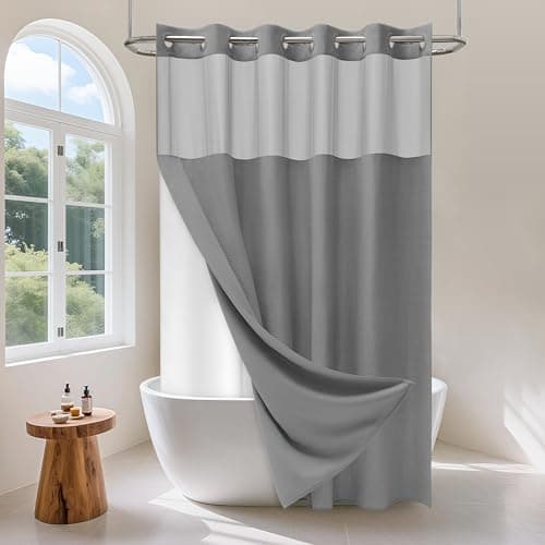 PILOTSHARK No Hook Waffle Weave Shower Curtain Set with Snap-in Fabric Liner and Mesh Top Window,256GSM Heavy Duty Fabric,Dark Grey Washable Luxury Shower Curtain for Bathroom Stalls (72x75 Inch) - Image 1