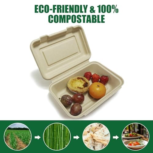 Compostable food to go containers with lids 9x8 Inch Takeout Lunch Box Containers with Lid To Go Take Out Clamshell for Food, Disposable Eco-Friendly Biodegradable bamboo, PFAS-Free, Brown (100) - Thumbnail 4