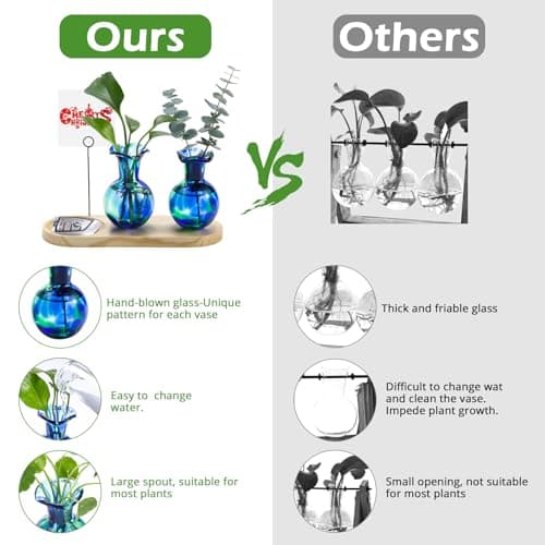 Pozfun Hand Blown Glass Plant Propagation Stations Plant Terrarium Wooden Stand for Hydroponic Plants Combine Jewelry Tray and Photo Holder Office Home Garden Decor - 2 Bulb Glass Vases - Thumbnail 3