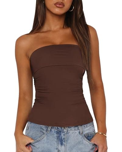 BTFBM Womens Strapless Tube Tops Spring Summer Clothes 2026 Trendy Casual Ruched Stretchy Going Out Bodycon Bandeau Top(Coffee, Small) - Image 1