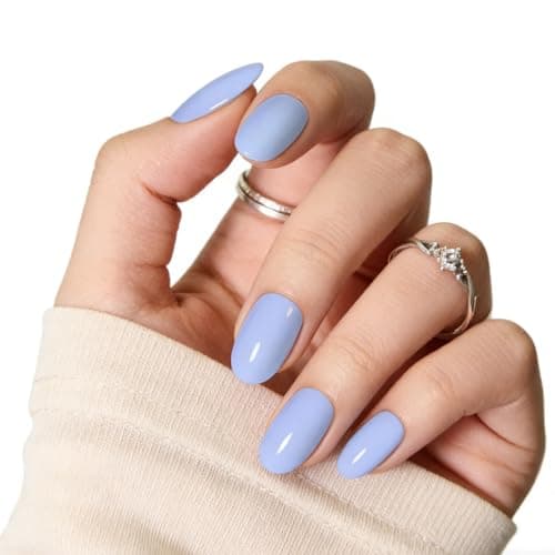 Blue Press On Nails Almond, Medium Light Blue Fake Nails with Nail Glue, Natural Soft Gel Nail Kit, Natural Reusable Glue On Nails in 15 Sizes 30 Fake Nails Kit - Image 1