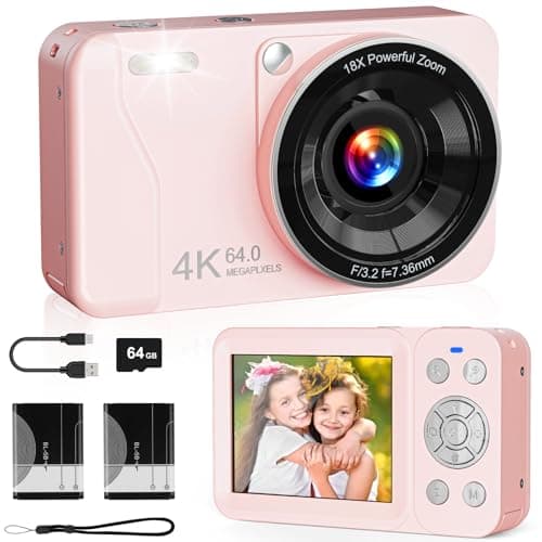 HSZTJJYP Digital Camera, 4K 64MP, 18X Zoom, Point and Shoot with 64GB SD Card & 2 Batteries, Portable Rechargeable Small Camera for Kids Teens Adult, Pink - Image 1