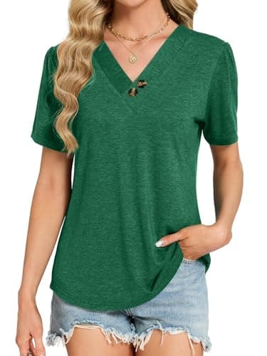 VUTRU Womens Summer Tops and Blouse Puff Short Sleeve Henley Tshirts Tunic Loose Flowy Dressy Business Casual Plus Size, Green L - Thumbnail 2