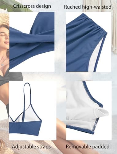 ZAFUL Women Swim Suit for Women 2023 High Waisted Bikini Sets Blue Two Piece Swimsuit Push Up Twist Front Ruched Bathing Suit Blue L - Thumbnail 6