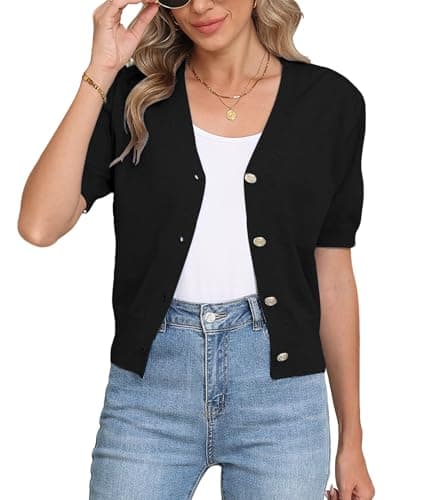 COSSEN Women Cardigan Sweater Dressy Black Large V Neck Bolero Crop Coat Crochet Button Down Short Sleeve Short Tops Trendy Open Front Lightweight Jacket Summer Knit Cropped Shrug for Dress - Image 1