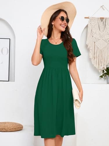 DEARCASE Casual Dresses for Women Dark Green XX-Large Short Sleeve A line Summer Beach Midi Sundress Wedding Guest Flowy Swing Cocktail Slimming Birthday Party Spring Travel Long Dress with Pockets - Thumbnail 6