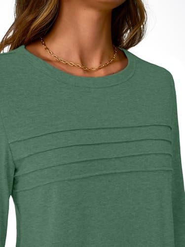 NORACORA 3/4 Sleeve Tops for Women T Shirts Dressy Casual Spring Fall Outfits Pleated Front Shirts Round Neck Casual Tunic Basic Tee Tops Green L - Thumbnail 6