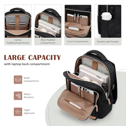 MDODO Laptop Backpack for Women,Travel Backpack with Laptop Compartment,Casual Daypack College Bookbag Computer Work Backpack, Black - Thumbnail 3