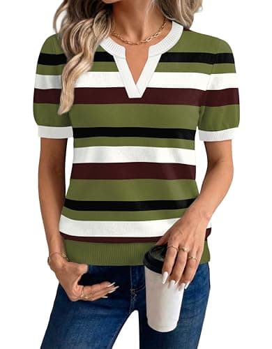 WIHOLL Spring Tops for Women Plus Size Short Sleeve Sweaters for Women Business Casual Fashion Clothing Capsule Wardrobe 2026 Trendy Women's Clothing Womens Tops Shirt Women Green 2XL - Thumbnail 2