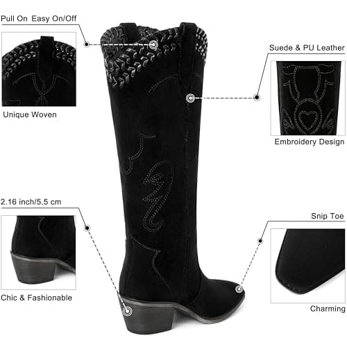 Reitoye Black Cowboy Boots for Women Knee High Cowgirl Boots Embroidered Square Toe Chunky Low Heel Western Boot Pull On Wide Calf Country Boots Size 12 - Thumbnail 5