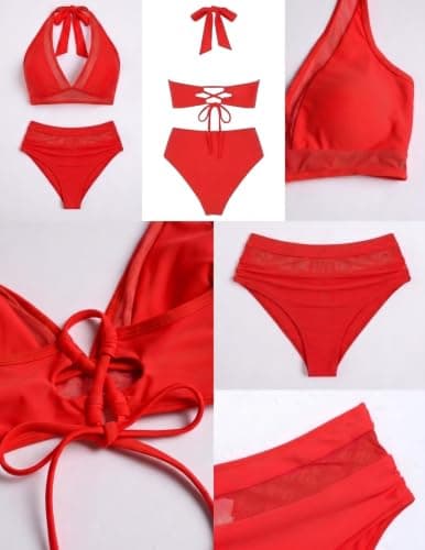 ZAFUL Mesh Panel Two Piece Halter Deep V Back Tie Backless High Waist Sheer Insets Tummy Control Neon Swimwear Red M - Thumbnail 4