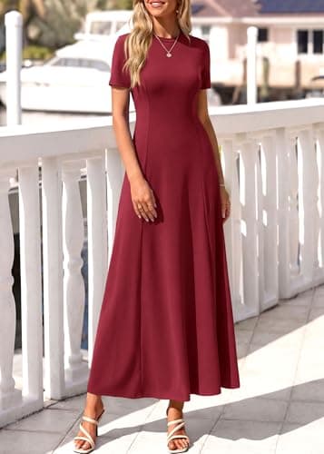 KIRUNDO Wedding Guest Dresses for Women 2026 Spring Summer Short Sleeve Pleated Long Flowy A Line Formal Maxi Dress Pockets(Burgundy, Small) - Thumbnail 6