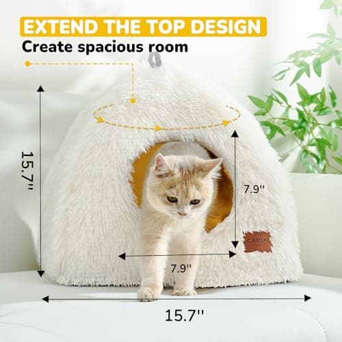 CATISM Cat Bed, Cat Cave for Indoor Cats, Soft Cat Dome, Self-Warming 2 in 1 Foldable Pet Cat House with Washable Cushioned Pillow Calming Fluffy Dog Beds for Small Dogs with Anti-Slip Bottom White - Thumbnail 4
