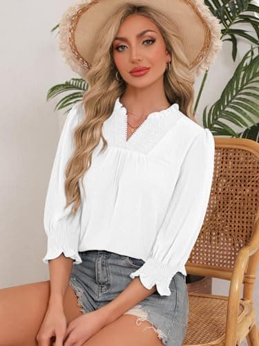 Funlingo Blouses for Women Dressy Casual 3/4 Length Sleeve Womens Tops Ruffle V Neck Lace Crochet Shirts with Smocked Cuffs Spring Trendy Clothes White S - Thumbnail 6