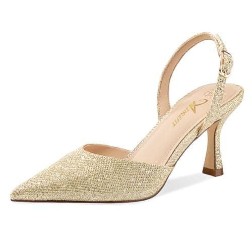 Athlefit Closed Pointed Toe Kitten Heels for Women Dress Work Wedding Party Slingback Stiletto Pumps Shoes Gold, Size 10, SAPU2606W - Image 1