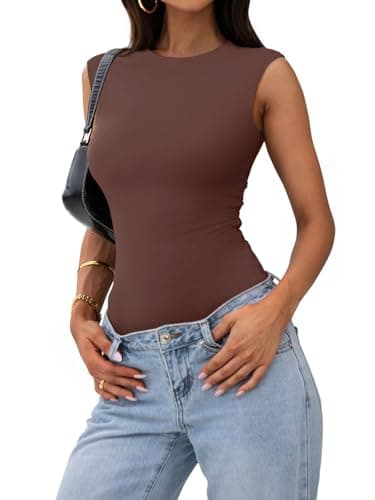 PINKMSTYLE Womens Tank Top Bodysuit Double Lined Crew Neck Summer Basic Sleeveless Going Out Body suits Tops Coffee Large - Thumbnail 3