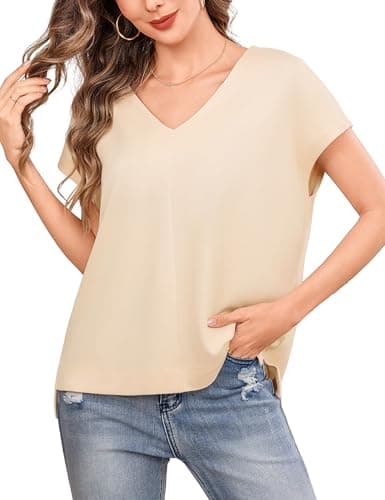 Totatuit Deep V Neck Tops for Women Oversized Boxy Fit Tshirts Summer Short Sleeve Casual Tee Shirts Apricot X-Large - Image 1