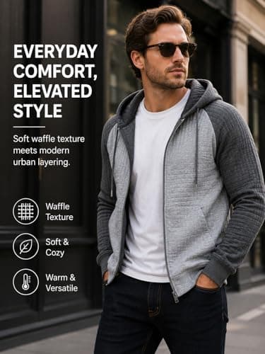 Men's Long Sleeve Hoodie Lightweight Warm Plaid Jacquard Sweatshirt Zip Up Casual Waffle Knit Jackets with Pocket - Thumbnail 2