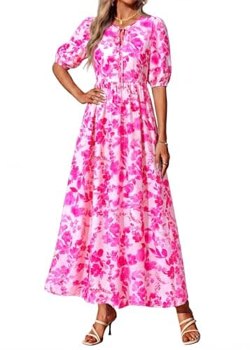 KIRUNDO Summer Dresses for Women 2026 Spring Wedding Guest Boho Floral 3/4 Sleeve Beach Vacation Cruise Flowy Maxi Dress(Rose Red, Medium) - Thumbnail 2