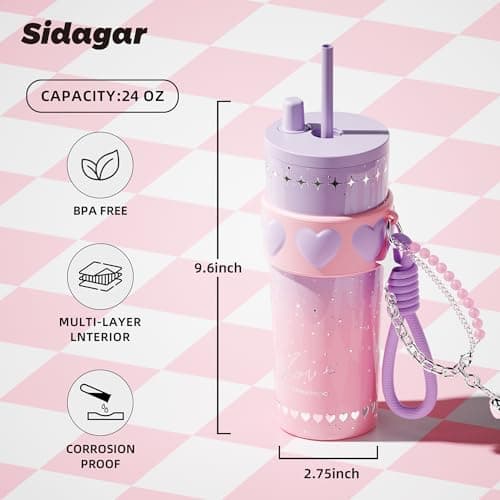 Sidagar 24 oz Stainless Steel Tumbler with Lid and Straw, Insulated Coffee Mug, Leak Proof, Portable Iced Travel Water Bottle, Reusable Thermal Coffee Cup Gift for Women, Purple - Thumbnail 2