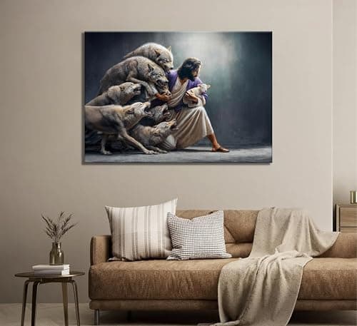 Jesus and Sheep Canvas Wall Art Christian Jesus Saves and Protects Lost Sheep Painting Picture Wall Decor Poster Print Artwork Bedroom Living Room Office Home Decoration - Thumbnail 6