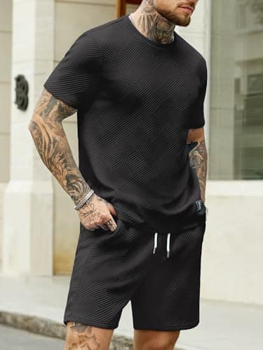 JEMLDL Mens 2 Piece Shorts Set Summer Jacquard Knit T-Shirt and Shorts Outfits Lounge Wear Casual Clothing with Pockets Black L - Thumbnail 3