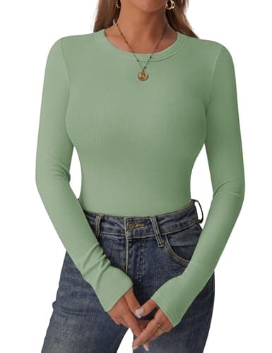C.O.Z.Y Womens Long Sleeve Shirts Ribbed Crewneck Slim Fit Tops Casual Layering Basic Tee T-Shirt 2025 Fall Outfits LightGreen - Image 1